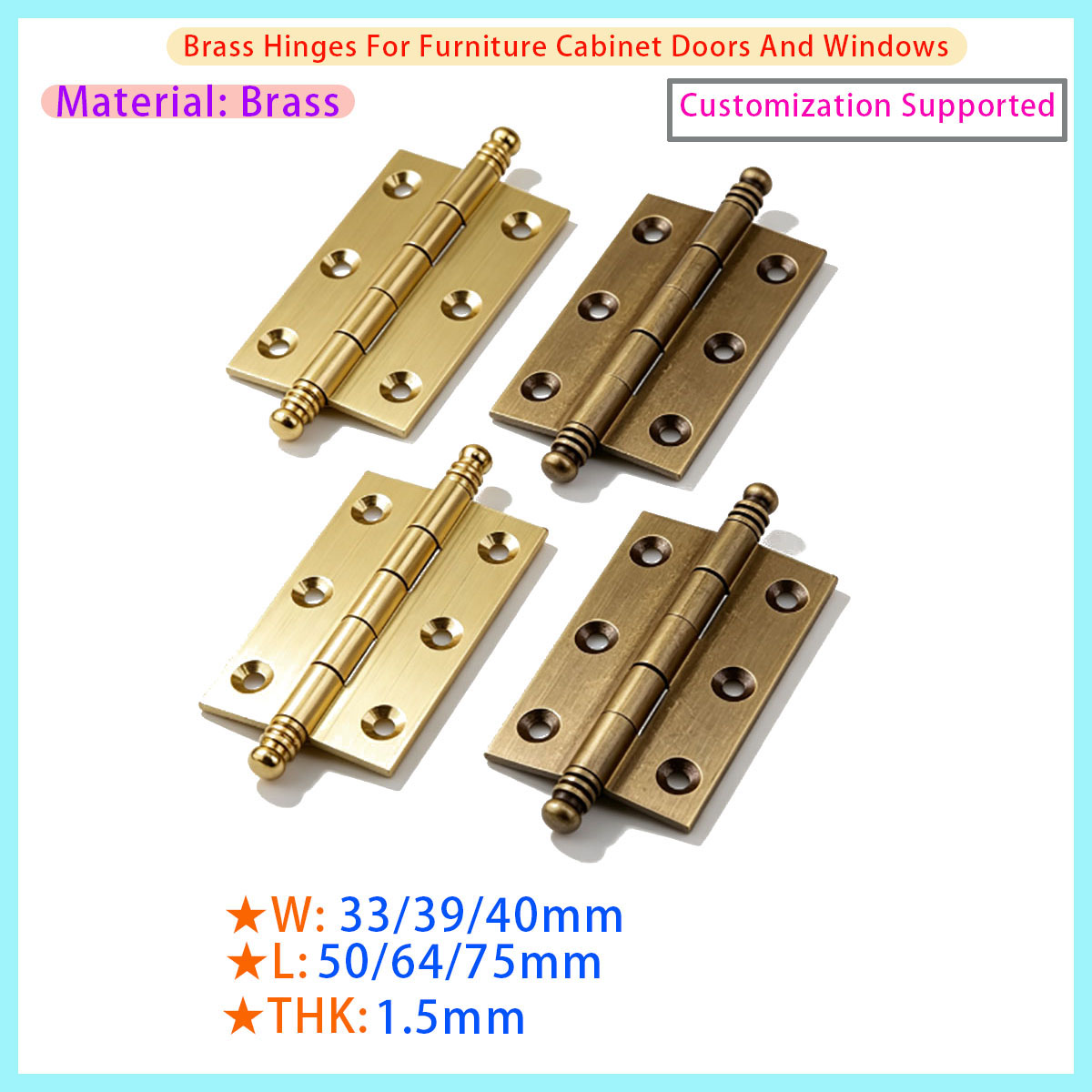 Used Furniture Hardware - ใช้สำหรับประตู, กล่องไม้, อุปกรณ์ฮาร์ดแวร์เฟอร์นิเจอร์, บานพับประตูทองเหลืองโบราณ 4 ชิ้น,