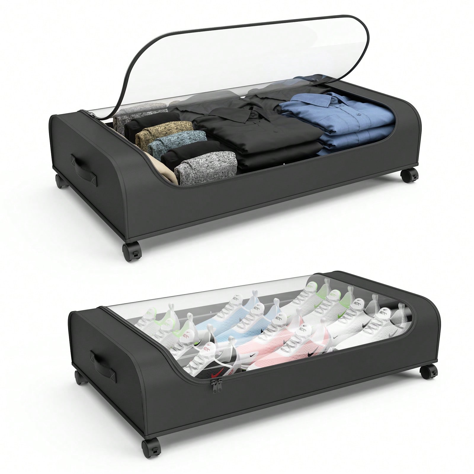 Furniture Hardware For Bed - กล่องเก็บของใต้เตียงพร้อมล้อ ฝาใส กล่องเก็บของใต้เตียงแบบมีล้อ โครงเหล็กพับได้ พร้อมหูจับ สำหรับเก็บเสื้อผ้า